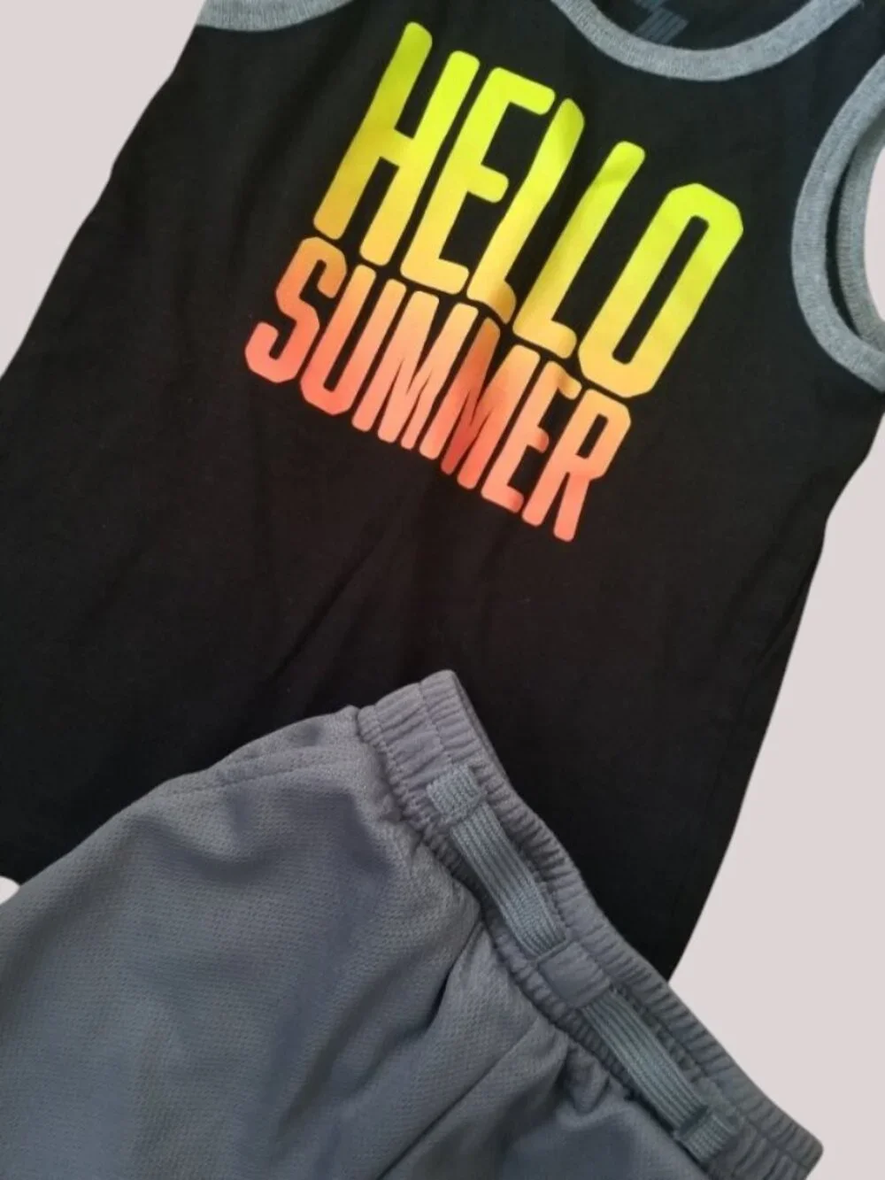 HELLO SUMMER Gray Shorts With Black Tank Top Short Set Boys Size 3T - Picture 3 of 3
